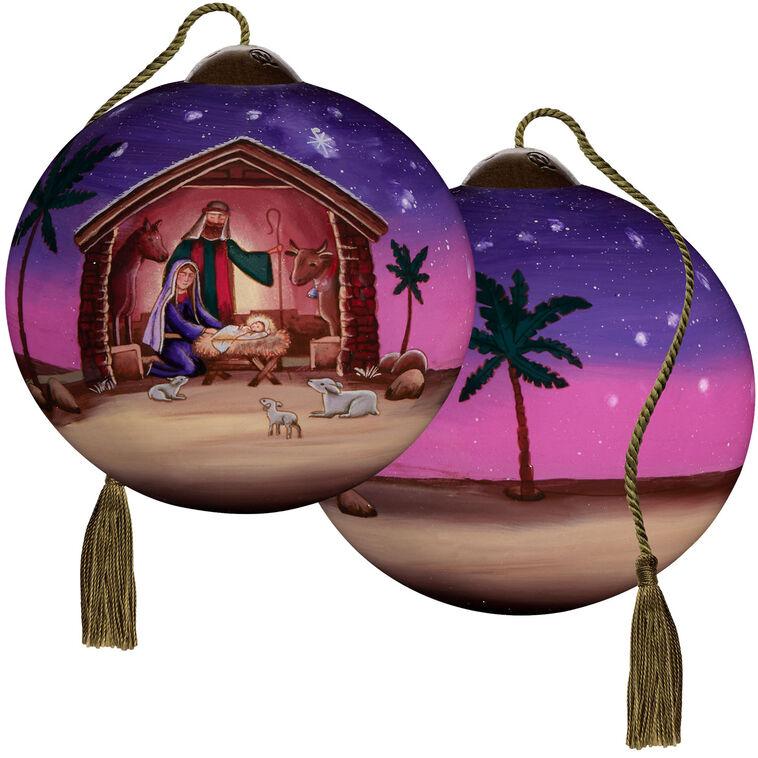 Hallmark Ne'Qwa Art Silent Night Holy Night Nativity Scene Glass Christmas Ornament