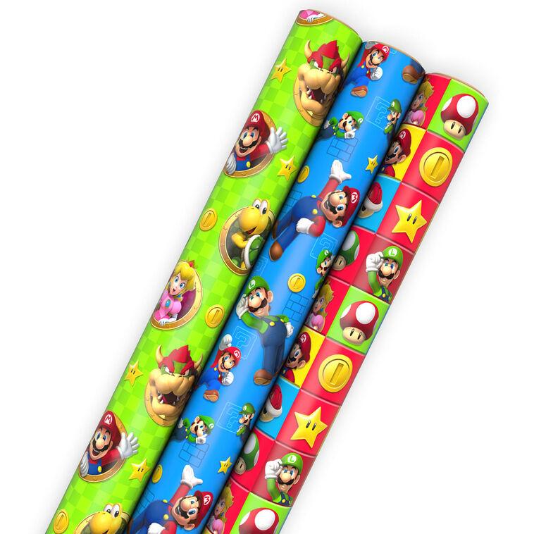 hallmark Nintendo Super Mario™ Bright Icons 3-Pack Assortment Wrapping Paper Roll Bundle 60 sq. ft. total