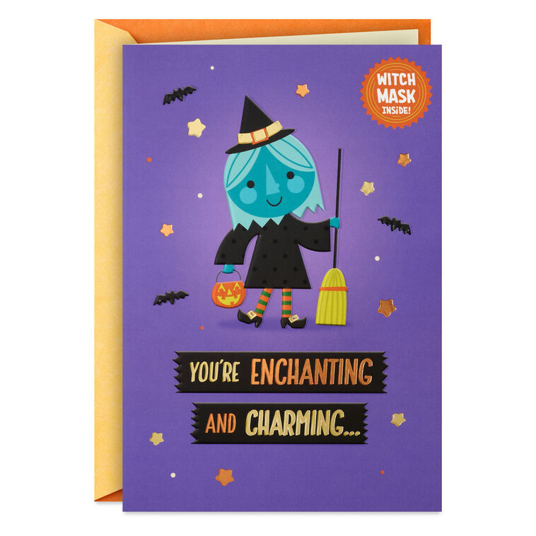 hallmark One Cool Little Witch Detachable Mask Halloween Card for Kids