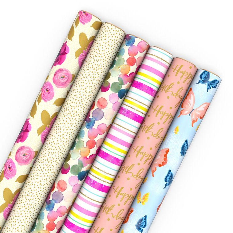 hallmark Pastel and Gold Floral 6-Pack Assorted Wrapping Paper Roll Bundle 180 sq. ft. total