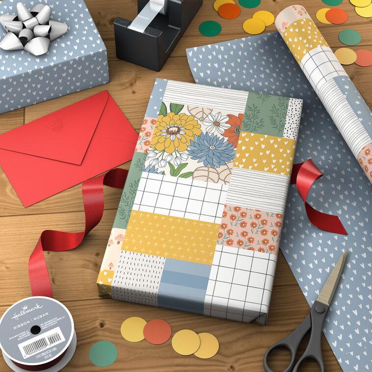 Hallmark Patchwork Floral/Mini Hearts On Blue Reversible Wrapping Paper 20 Sq. Ft