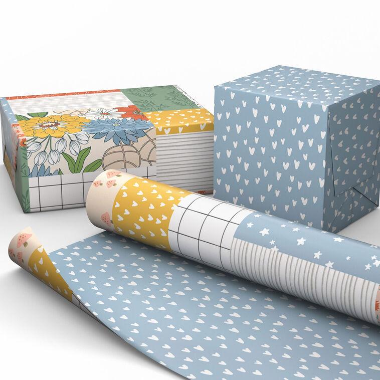 Hallmark Patchwork Floral/Mini Hearts On Blue Reversible Wrapping Paper 20 Sq. Ft