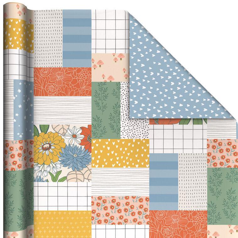 hallmark Patchwork Floral/Mini Hearts on Blue Reversible Wrapping Paper 20 sq. ft