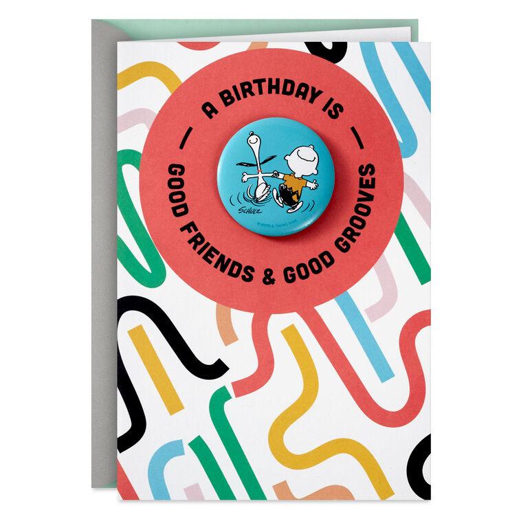 hallmark Peanuts® Charlie Brown and Snoopy Good Grooves Birthday Card With Button Pin