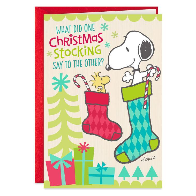 hallmark Peanuts® Snoopy and Woodstock in Stockings Funny Christmas Card