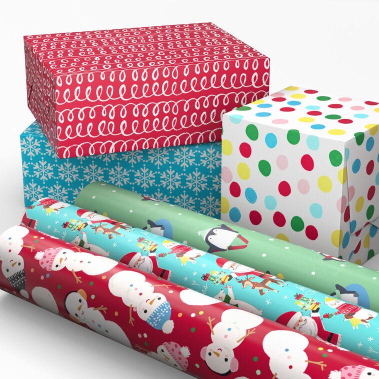 Hallmark Penguins Doodles And Polka Dots 6-Pack Assorted Christmas Wrapping Paper Roll Bundle 180 Sq. Ft. Total