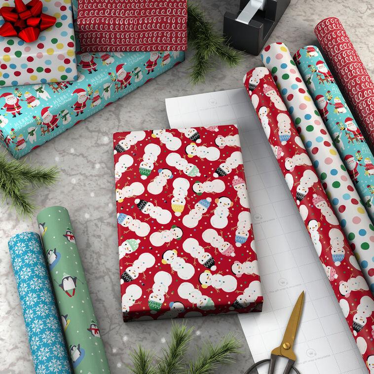 Hallmark Penguins Doodles And Polka Dots 6-Pack Assorted Christmas Wrapping Paper Roll Bundle 180 Sq. Ft. Total