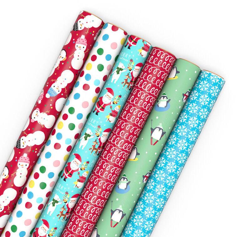 hallmark Penguins Doodles and Polka Dots 6-Pack Assorted Christmas Wrapping Paper Roll Bundle 180 sq. ft. total