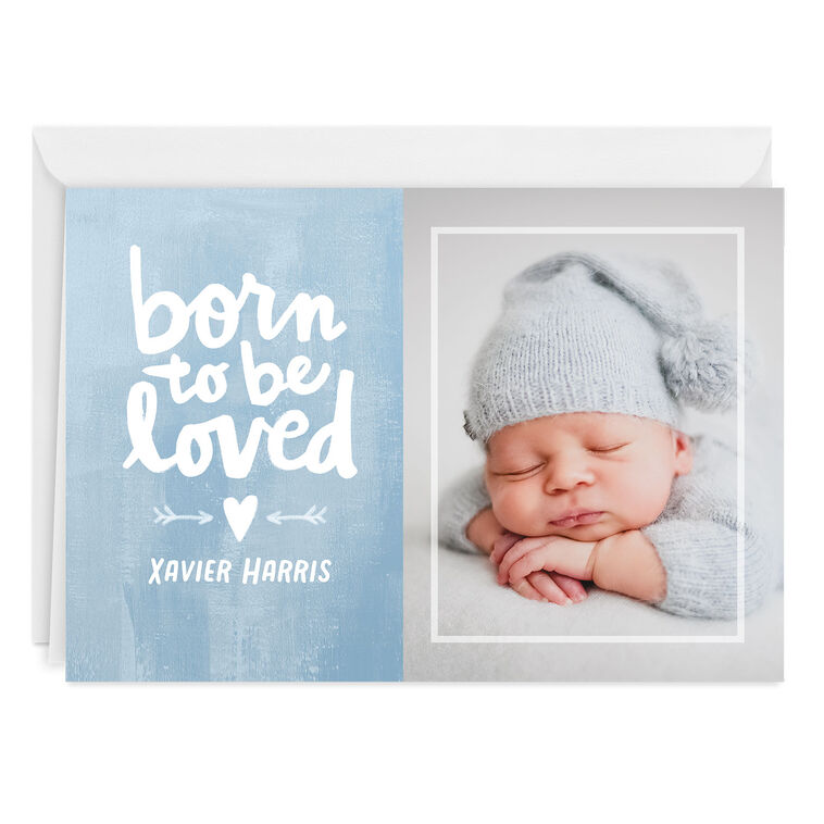 hallmark Personalized Born to Be Loved Blue New Baby Photo Card