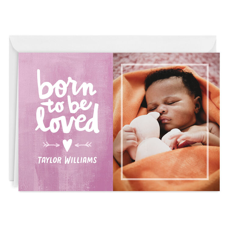 hallmark Personalized Born to Be Loved Pink New Baby Photo Card