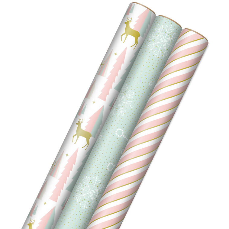 hallmark Pink and Mint Assorted 3-Pack Christmas Wrapping Paper 120 sq. ft