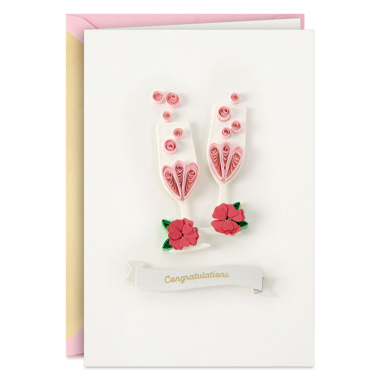 hallmark Pink Champagne Flutes Quilled Paper Handmade Wedding Card for Couple
