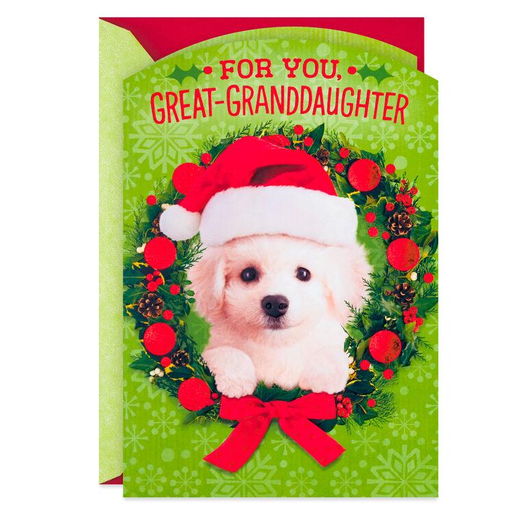 hallmark Puppy in Santa Hat Christmas Card for Great-Granddaughter
