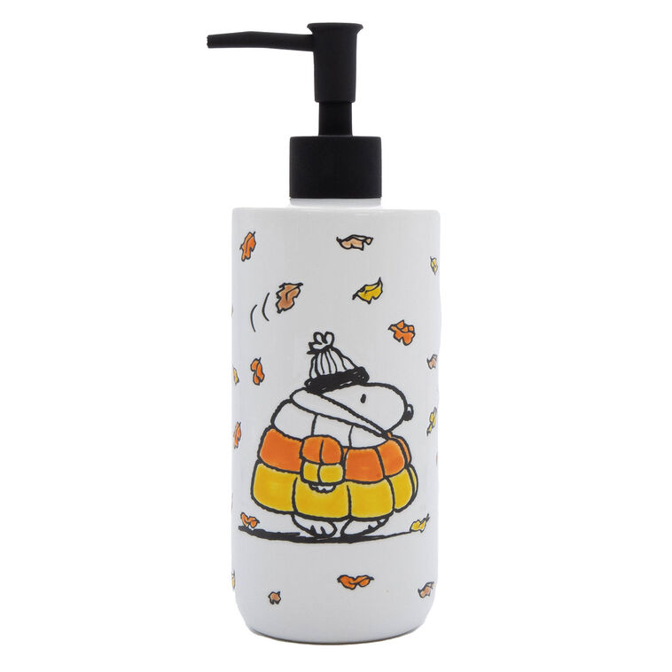 Hallmark R Squared Peanuts Snoopy Candy Corn Puffer Coat Ceramic Soap Dispenser