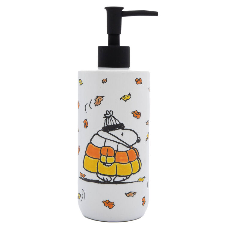 hallmark R Squared Peanuts Snoopy Candy Corn Puffer Coat Ceramic Soap Dispenser