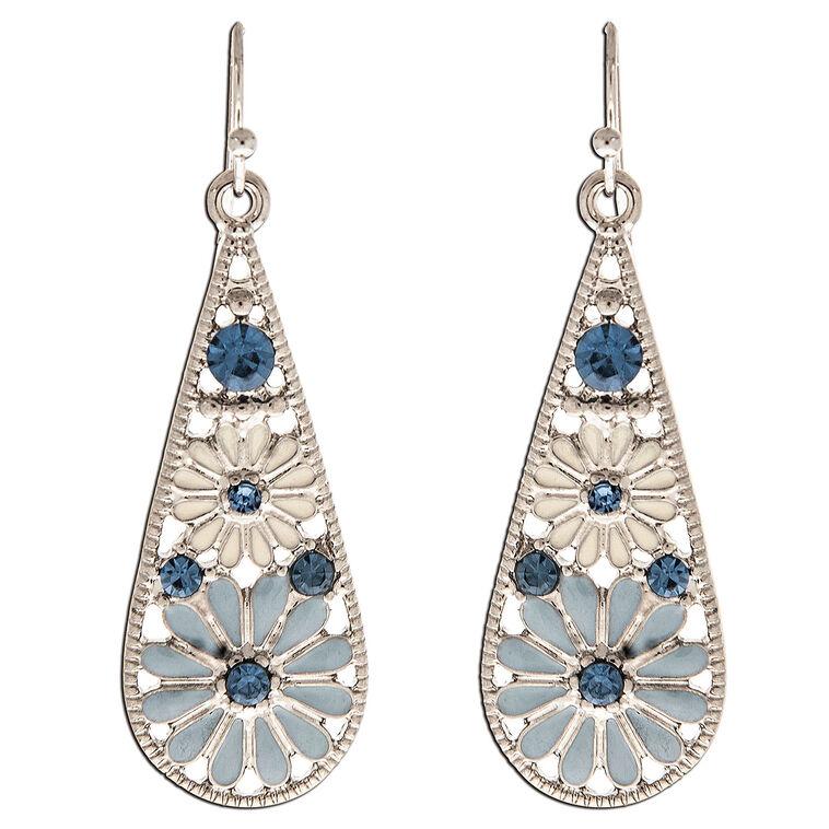 hallmark Rain Jewelry Blue and Ivory Flowers Silver Drop Earrings