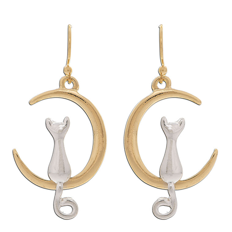 hallmark Rain Jewelry Cat in Crescent Moon Mixed Metal Earrings