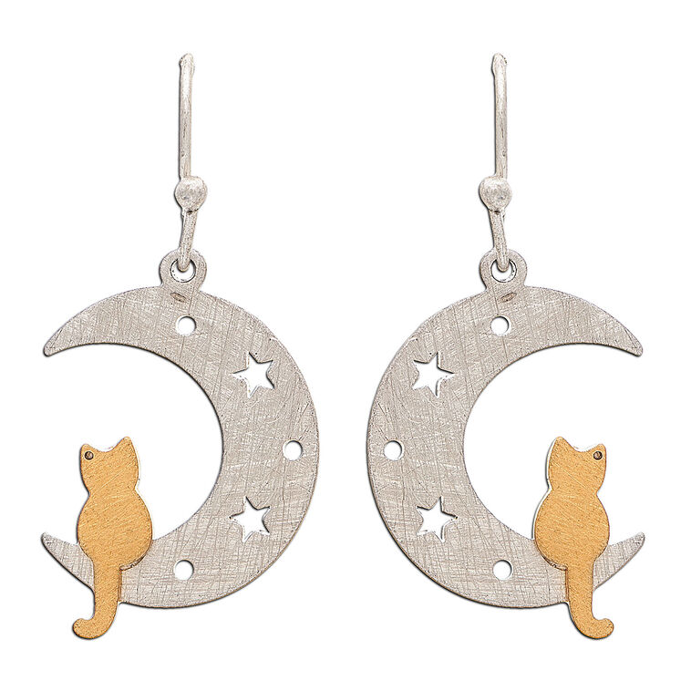 hallmark Rain Jewelry Cat in Moon Matte Mixed Metal Earrings