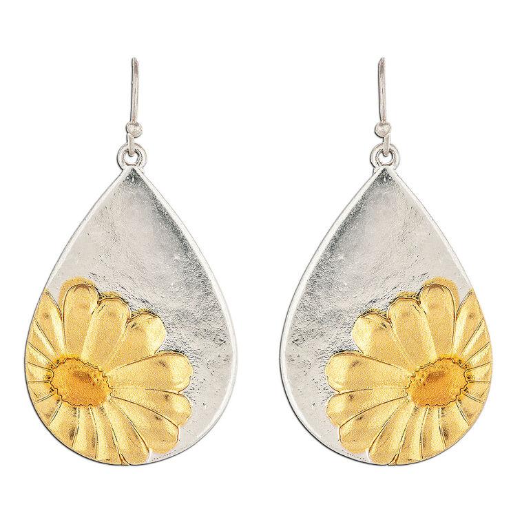 hallmark Rain Jewelry Gold Daisy on Silver Metal Teardrop Earrings