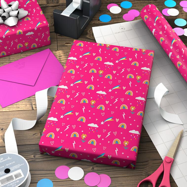 Hallmark Rainbows And Flowers On Pink Jumbo Wrapping Paper 90 Sq. Ft