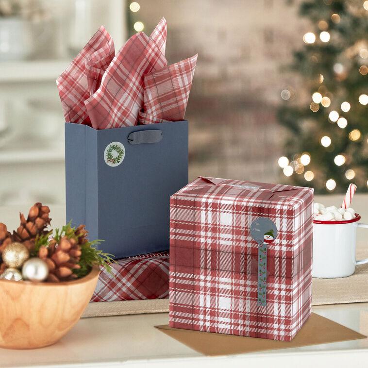 Hallmark Red And White Holiday Plaid Tissue Paper With Gift Tag Stickers 10 Sheets