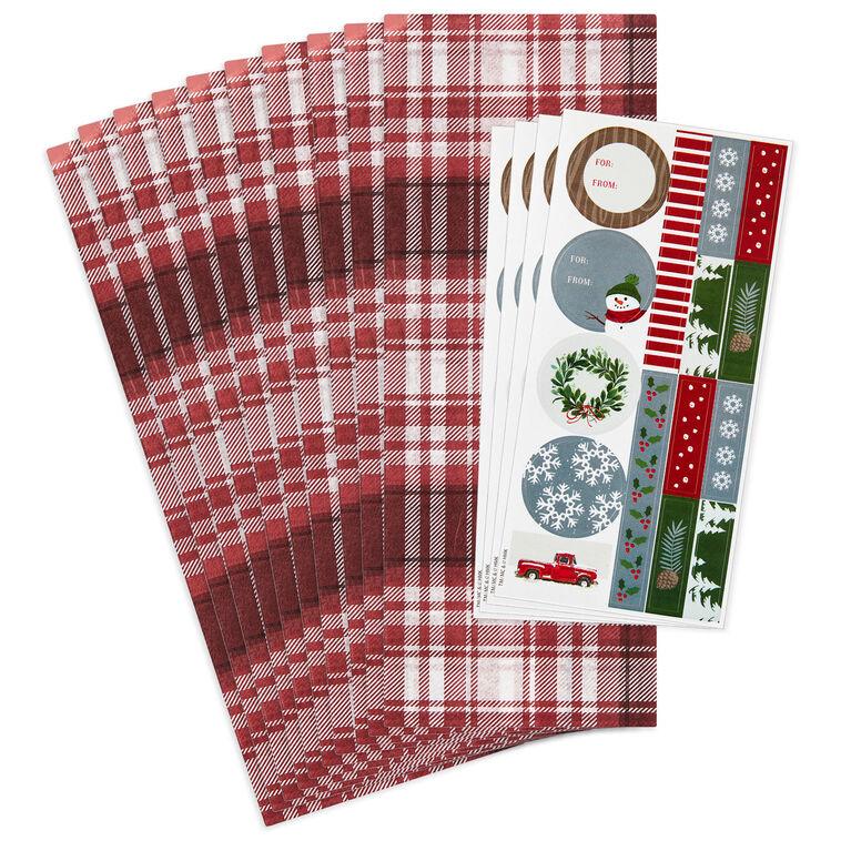 hallmark Red and White Holiday Plaid Tissue Paper With Gift Tag Stickers 10 sheets