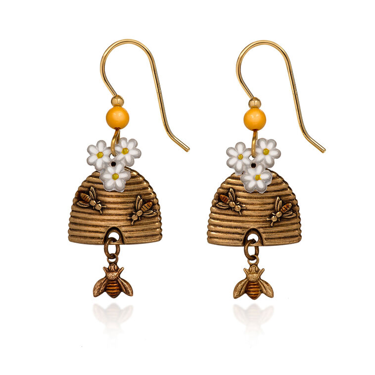 hallmark Silver Forest Beehive Bee and Flower Drop Earrings