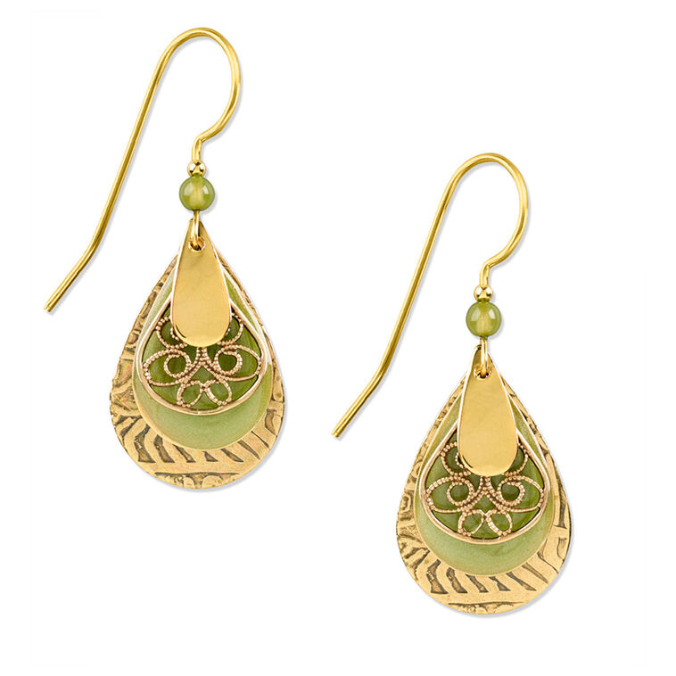 hallmark Silver Forest Green and Gold Metal Layered Teardrop Earrings