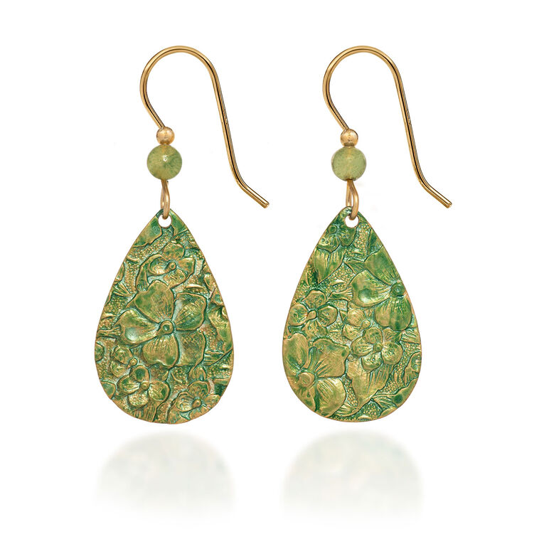 hallmark Silver Forest Green on Gold Metal Embossed Flower Teardrop Earrings