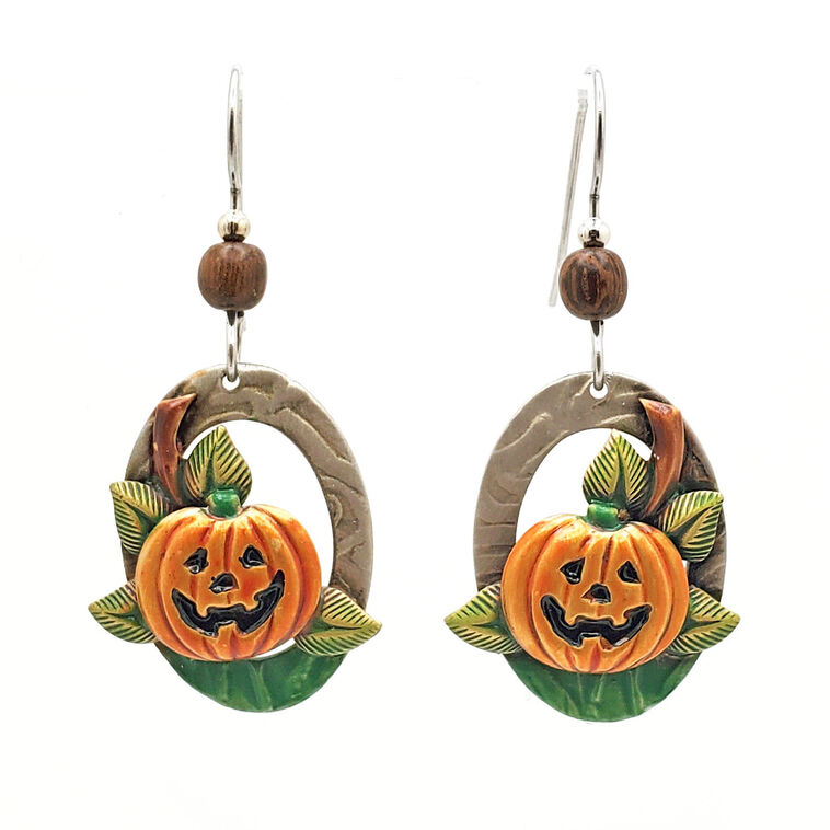 hallmark Silver Forest Jack-o'-Lantern on Oval Metal Drop Earrings