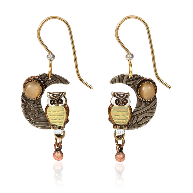 hallmark Silver Forest Owl on Metal Crescent Moon Drop Earrings