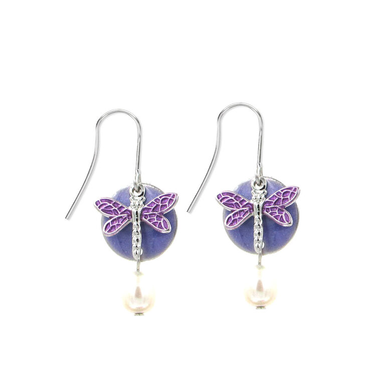 hallmark Silver Forest Purple Dragonfly on Blue Disc Silver-Tone Metal Drop Earrings