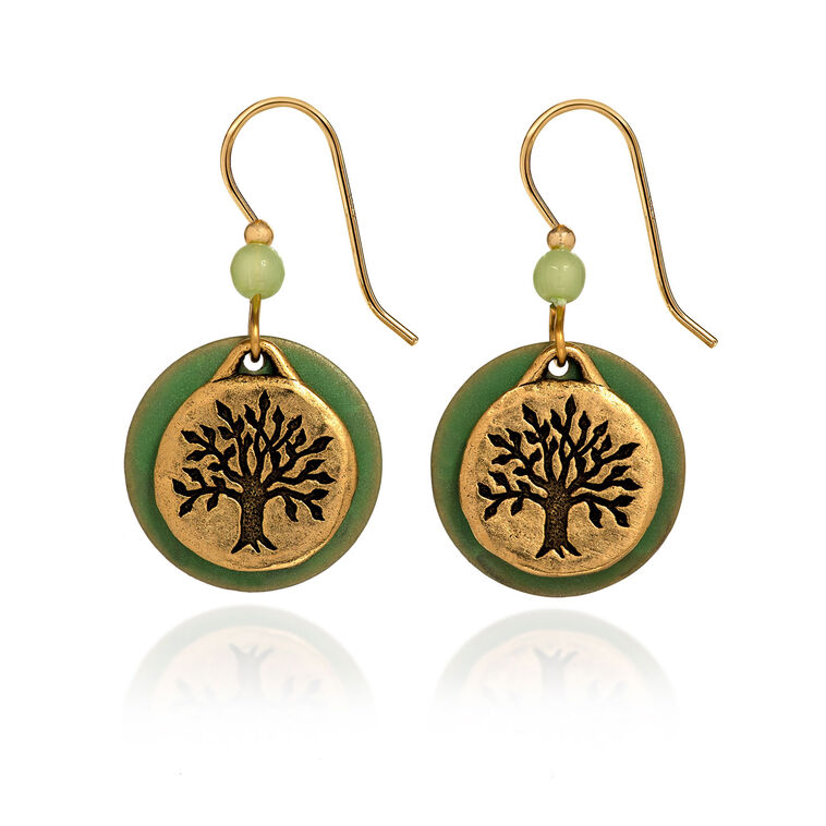 hallmark Silver Forest Tree of Life Green and Gold Metal Drop Earrings