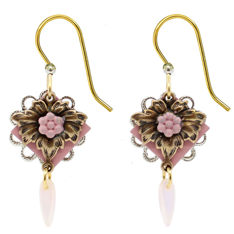 hallmark Silver Forest Vintage Pink Flower and Gold Filigree Drop Earrings