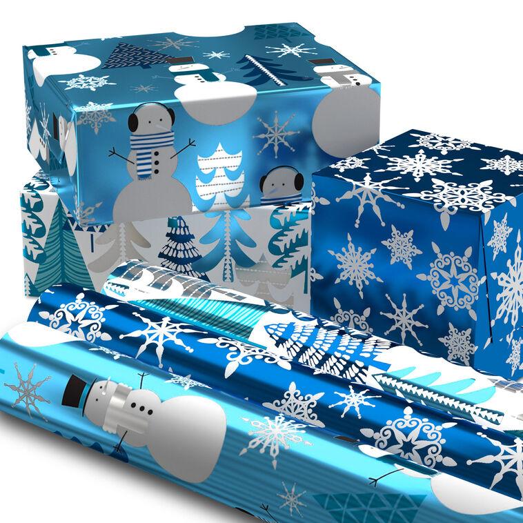 Hallmark Snow Scenes Metallic 3-Pack Assorted Wrapping Paper Roll Bundle 60 Sq. Ft. Total