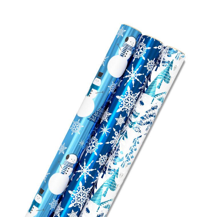 hallmark Snow Scenes Metallic 3-Pack Assorted Wrapping Paper Roll Bundle 60 sq. ft. total