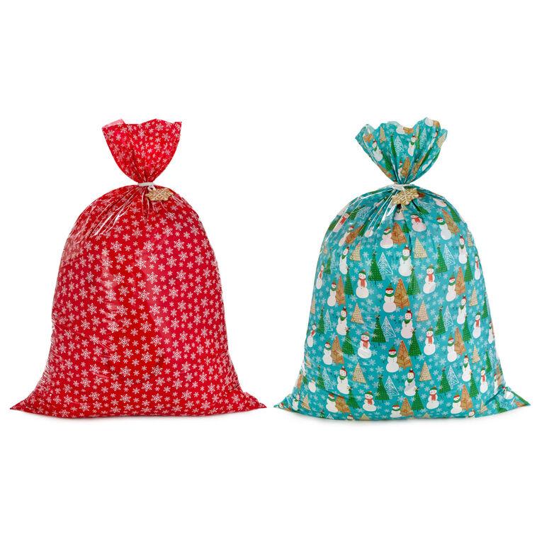 hallmark Snowmen on Blue and Snowflakes on Red 2-Pack Giant Plastic Christmas Gift Bags