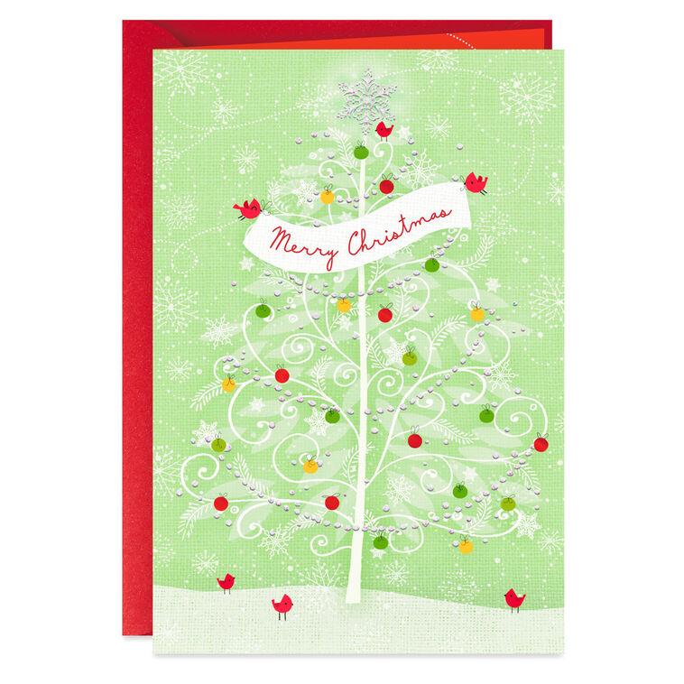 hallmark Snowy Tree With Ornaments and Cardinals Christmas Card