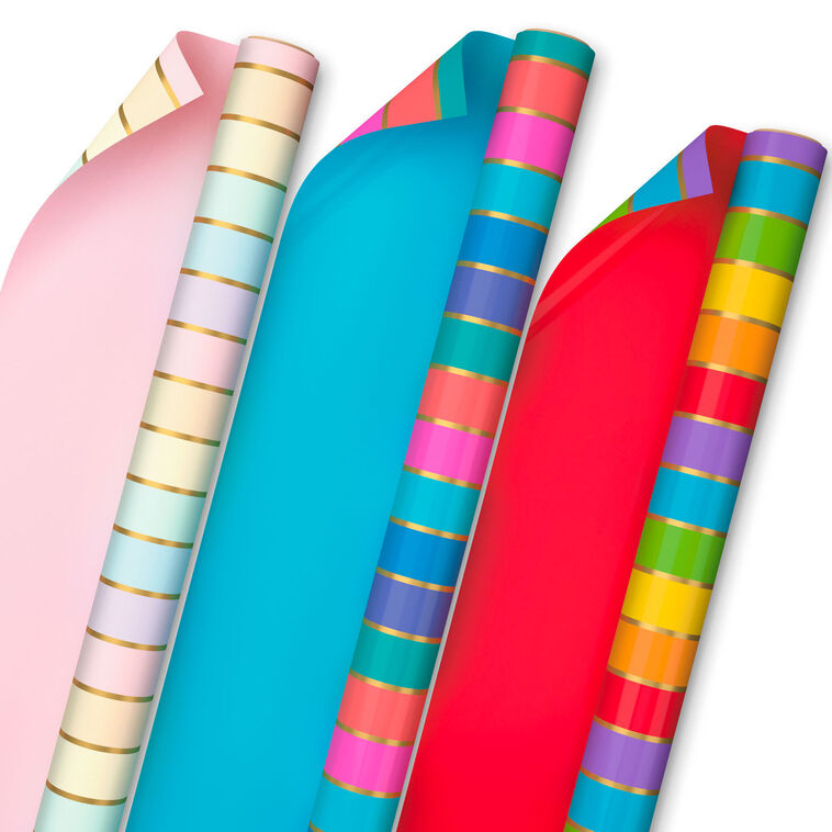 hallmark Stripes and Solids 3-Pack Reversible Wrapping Paper 75 sq. ft. total