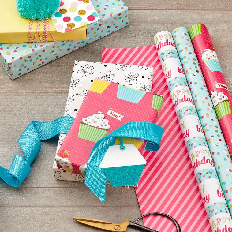 Hallmark Sweet Birthday 3-Pack Reversible Wrapping Paper 75 Sq. Ft. Total