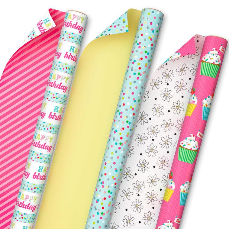 hallmark Sweet Birthday 3-Pack Reversible Wrapping Paper 75 sq. ft. total