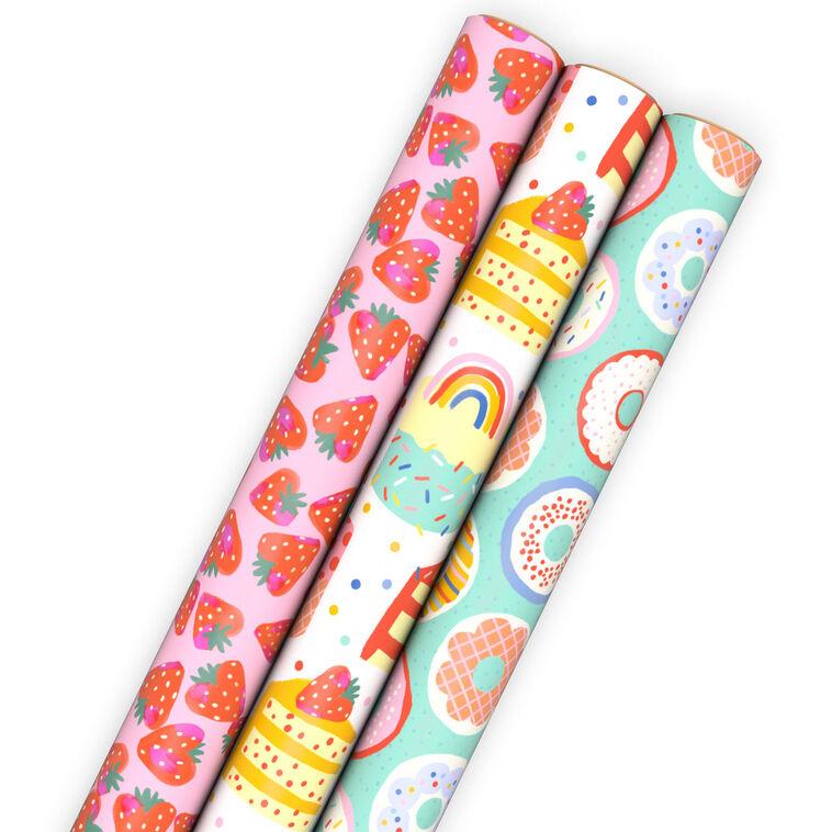 hallmark Sweet Treats 3-Pack Assorted Wrapping Paper Roll Bundle 75 sq. ft. total