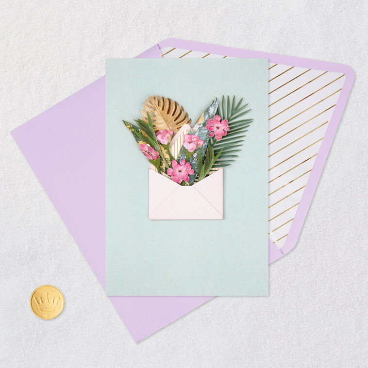 Hallmark Tropical Leaves And Purple Flowers Blank Card