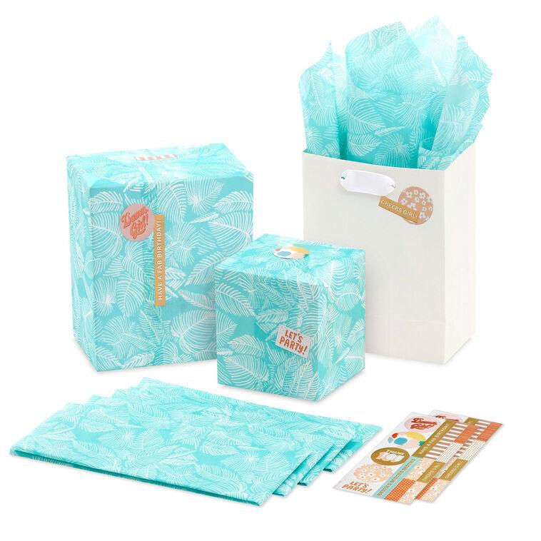 Hallmark Tropical Leaves On Aqua Tissue Paper With Gift Tag Stickers 6 Sheets