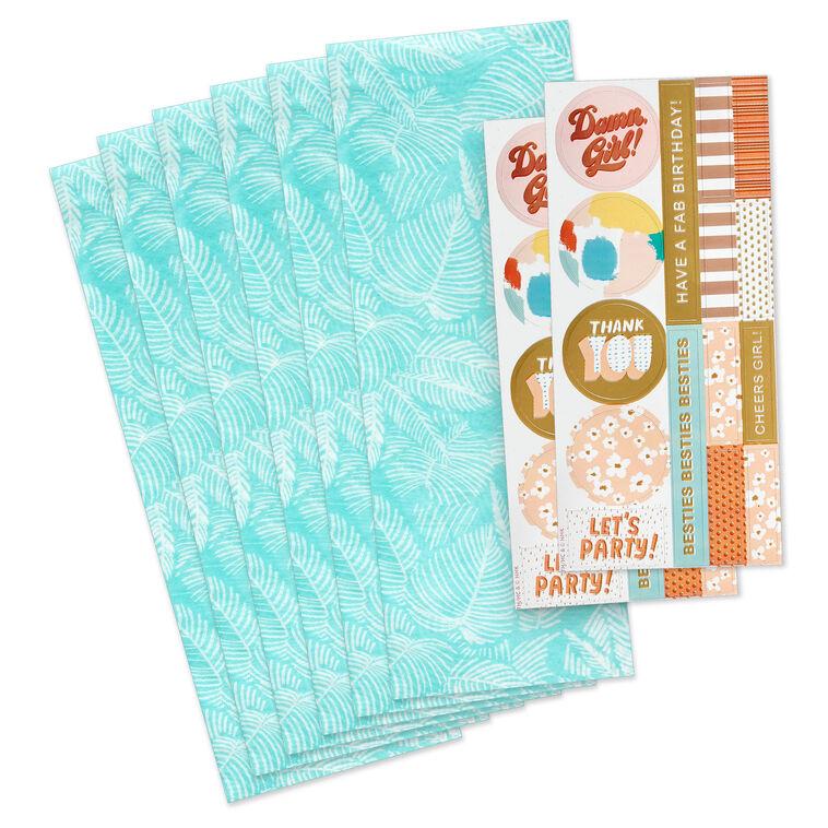hallmark Tropical Leaves on Aqua Tissue Paper With Gift Tag Stickers 6 sheets
