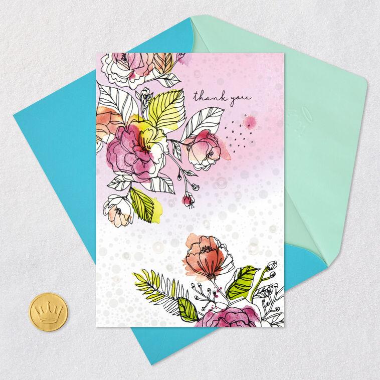Hallmark Watercolor Flowers And Sequins Blank Thank You Card