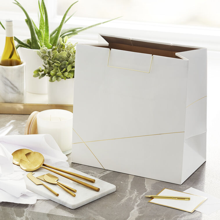 Hallmark White With Gold Extra-Deep Square Gift Bag 15"