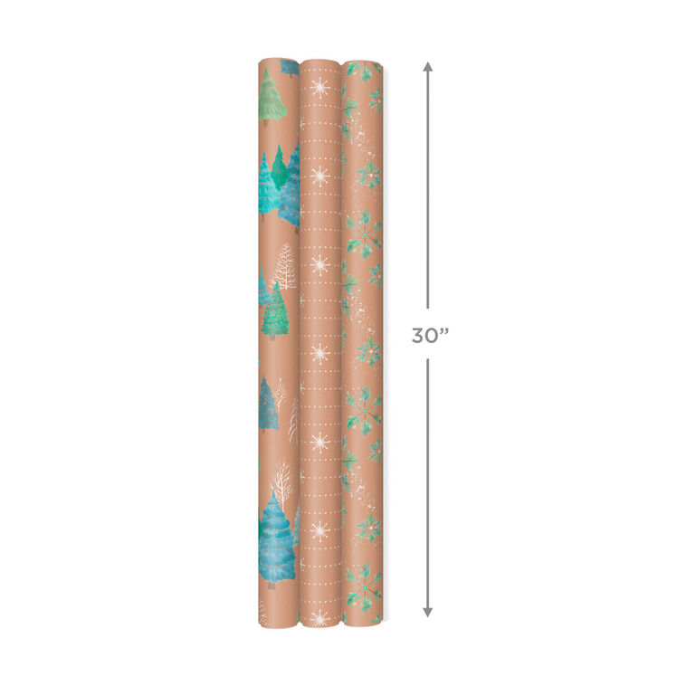 Hallmark Winter Nature Kraft Prints 3-Pack Christmas Wrapping Paper 90 Sq. Ft