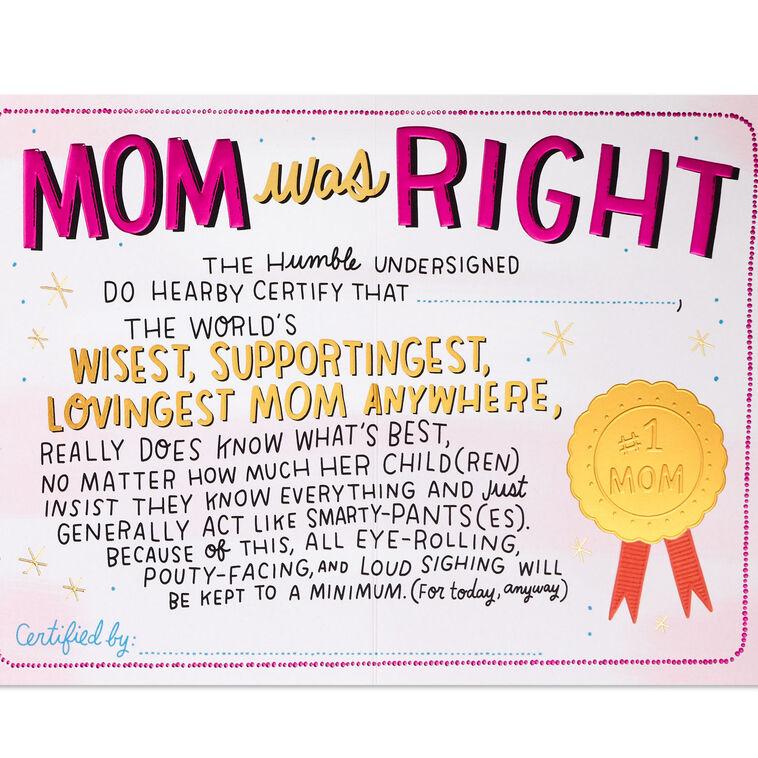 Hallmark You Were Right Certificate Funny Birthday Card For Mom