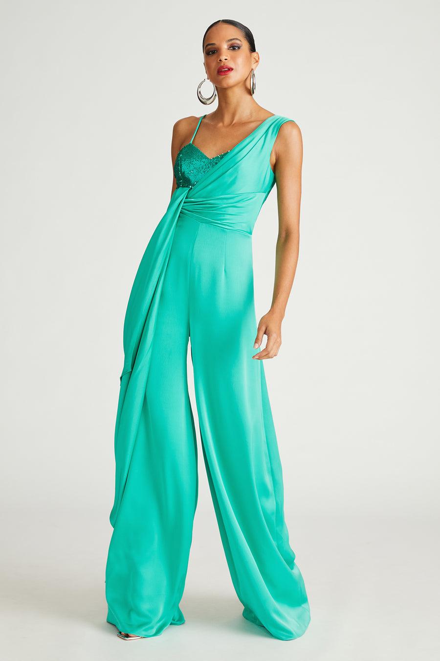 Halston Heritage Khi Jumpsuit In Satin & Sequin